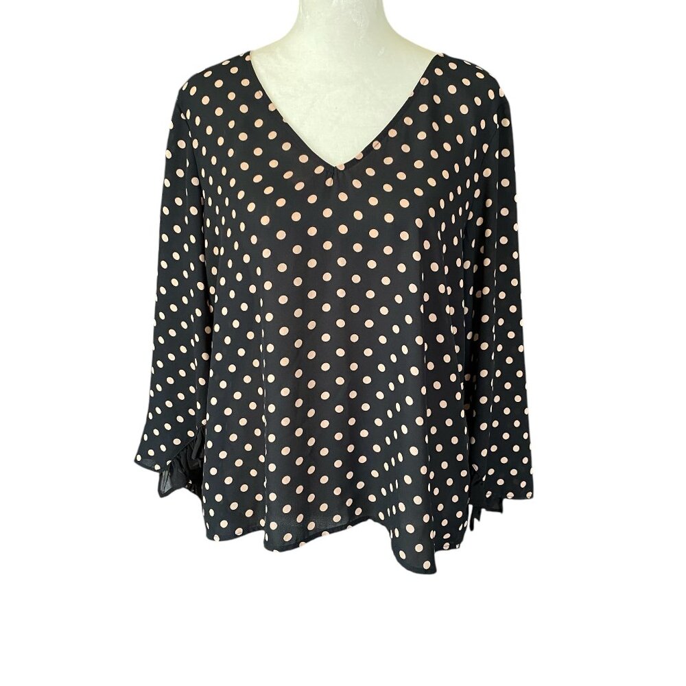 W5 black and cream polka dot ruffled long sleeve v-neck sheer blouse women's M